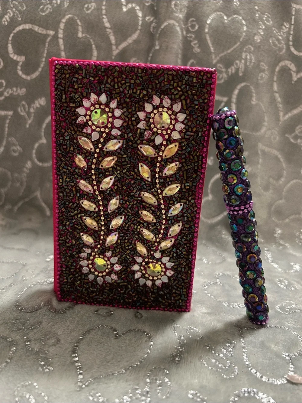 NEW Hand-Embellished Pink Beaded Compact Mini-Notebook and Jeweled Pen Set